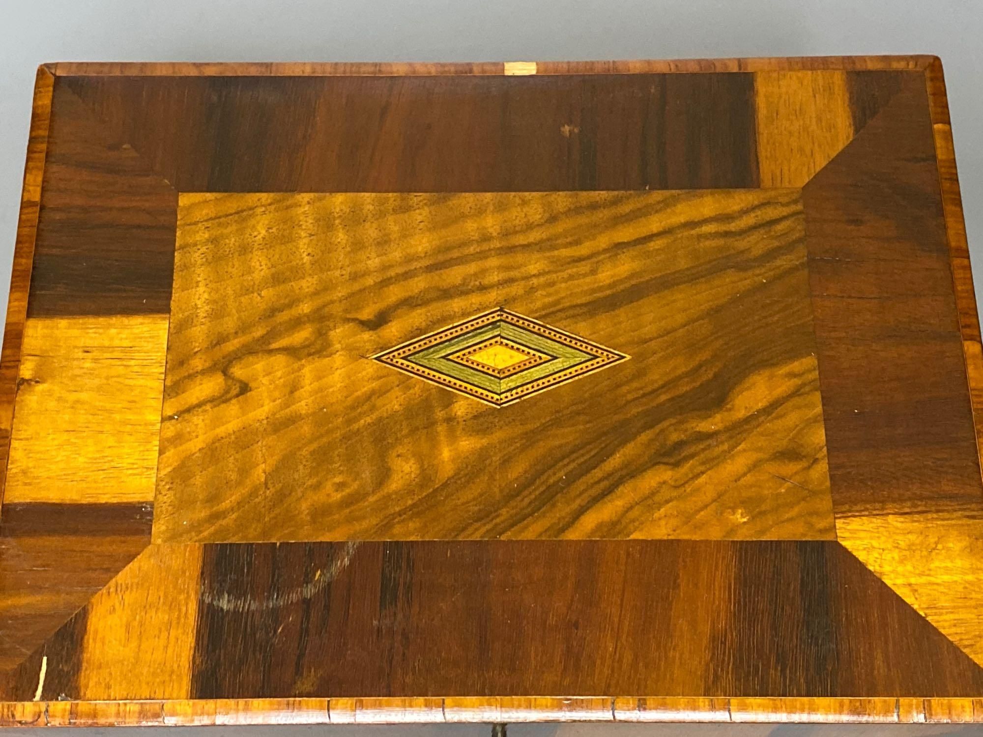 A Victorian crossbanded parquetry work box, 28cm and a rosewood writing slope